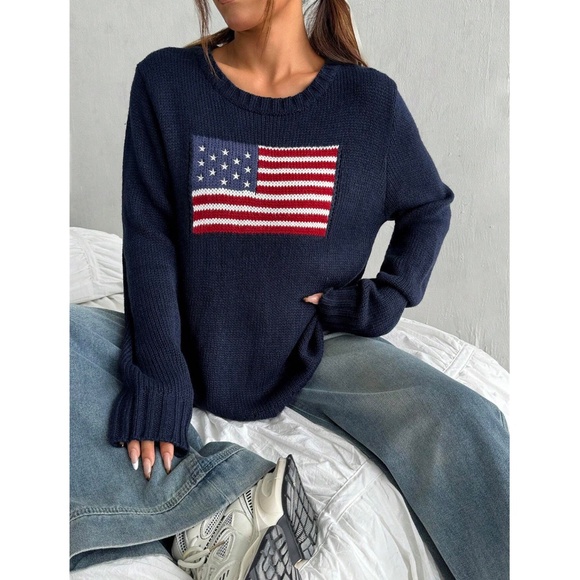 American Flag Knit Navy Blue Pullover Sweater Crew Neck Long Sleeve Drop Shoulde - Picture 2 of 8